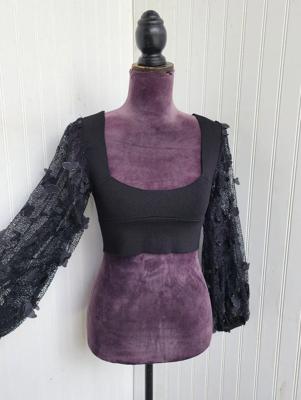 Intimately Free People Flutter Crop Top 3D Butterfly Black Sleeve Blouse Sz S